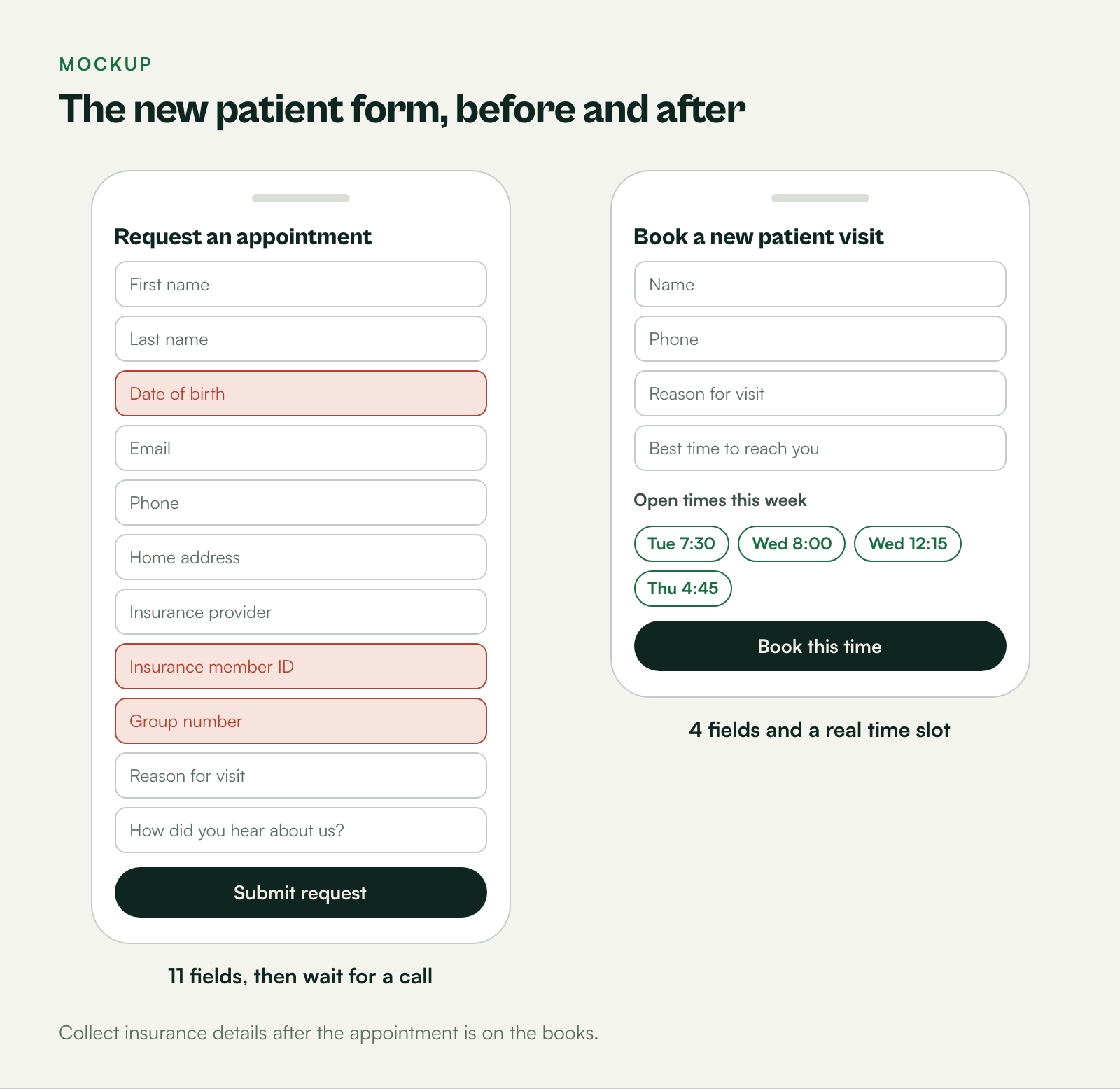 Side-by-side mockups of a new patient form on a phone: 11 fields including insurance member ID, versus 4 fields.