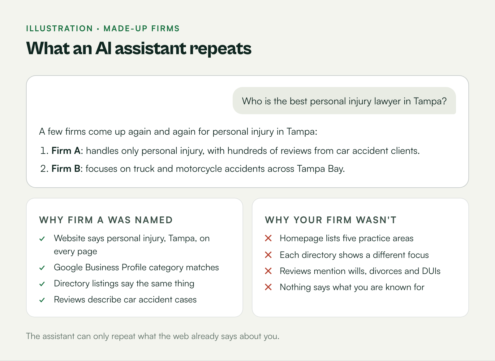 Mockup of an AI assistant answering a question about personal injury lawyers in Tampa, naming made-up firms whose website, profile and reviews all say the same thing.